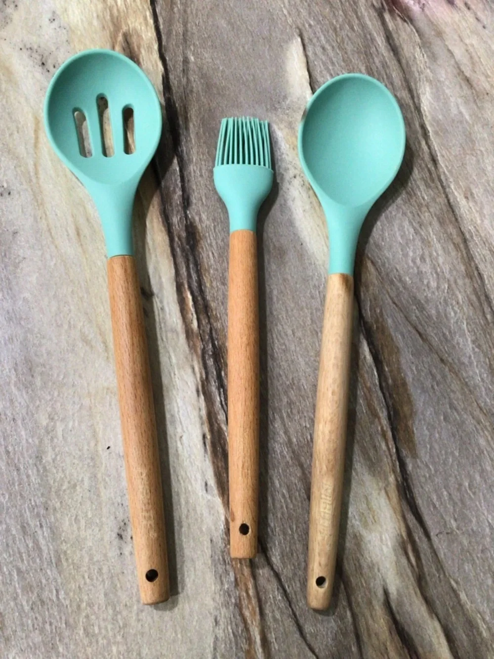 MIBOTE 3pc Silicone Kitchen Utensil Set Teal Wood Handle Spoon Brush BPA Free.
